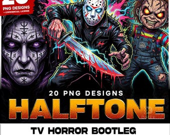 Retro Horror Bundle, 20 Movie Halftone DTF Designs, Bootleg Streetwear Graphics, PNG Pack, Instant Download