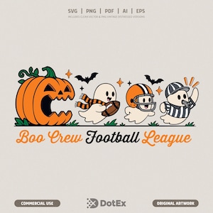 May include: A digital graphic featuring a large orange jack-o'-lantern, three ghosts, and the text "Boo Crew Football League". One ghost wears a scarf and holds a football, another wears a football helmet, and the third is a referee with a whistle.
