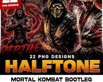 Mortal Kombat Halftone PNG Bundle | 22 Vintage Bootleg Gaming Designs (DTG/DTF Ready)