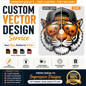 May include: A custom vector design service advertisement featuring a tiger wearing a baseball cap and sunglasses with palm tree reflections. The text includes Custom Vector Design Service, Your Idea, Perfect in Vector, and From Ideas to Impressive Designs.