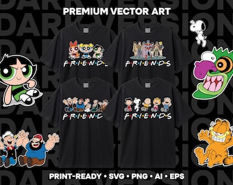 Retro Cartoon Friends Bundle, 12 80s and 90s Character Designs, Png Svg Eps Ai Files, Bonus Alphabet Font, Shirt Design Bundle