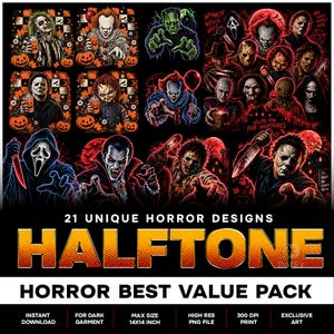 Peut inclure: Une collection numérique de 21 motifs d'horreur avec divers méchants de films emblématiques, des citrouilles et des éléments effrayants. Le texte indique 21 UNIQUE HORROR DESIGNS HALFTONE HORROR BEST VALUE PACK, INSTANT DOWNLOAD, FOR DARK GARMENT, MAX SIZE 35.56X35.56 CM, HIGH RES PNG FILE, 300 DPI PRINT, EXCLUSIVE ART.