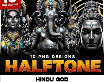 Hindu God Halftone PNG Bundle | 10 Shiva Ganesh Krishna DTF Designs | Indian Mythology T Shirt Print | Instant Download Commercial Use