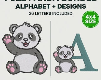 Panda Alphabet Embroidery A-Z Bundle, 26 Letters + Bonus Design, Baby Name Files 4x4, pes, dst SVG AI, Instant Download, Commercial Use