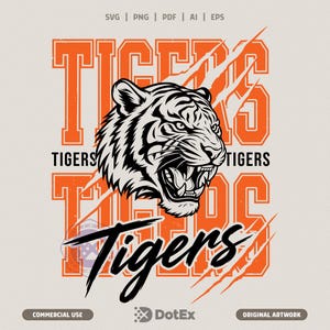 Puede incluir: Un diseño gráfico digital que presenta una cabeza de tigre gruñendo en blanco y negro, superpuesta sobre un texto grande en letras de bloque naranja que dice TIGERS. El diseño incluye marcas de garras y la palabra Tigers en cursiva negra.