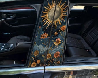 Boho Sun Moon Car Window B Pillar Decal, Vintage Floral Witchy Car Decor, Celestial Car Accessory