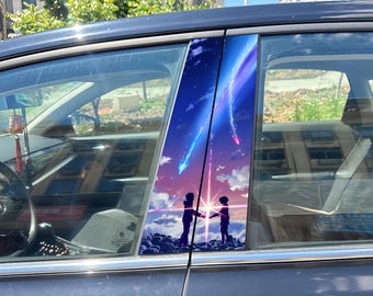 Conjunto de 2 piezas. Tu nombre. Pegatina para pilar B de coche de película de anime, calcomanía para ventana con silueta de la reunión de Taki y Mitsuha, calcomanía Itasha impermeable.