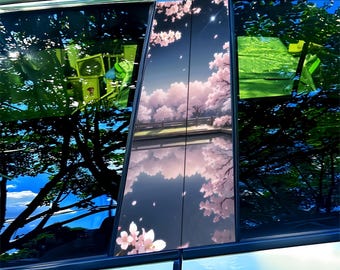 Conjunto de adesivos universais para coluna B com tema de lago com flores de cerejeira e casa japonesa, acessórios automotivos para amantes de flores de cerejeira.