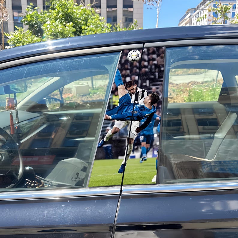 2-piece Cristiano Ronaldo bicycle kick car B-pillar sticker set | CR7 Real Madrid football waterproof vinyl sticker image 1