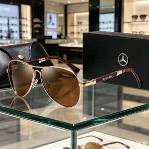 May include: Aviator sunglasses with gold-tone metal frames and brown gradient lenses. The temples feature a textured brown finish with the Mercedes-Benz logo and text. The glasses are displayed with a black case and a black branded box.