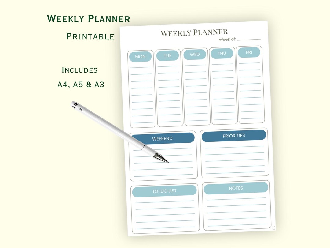 Weekly Planner Printable, Minimal Weekly Layout PDF, A4 A5 A3, Instant ...