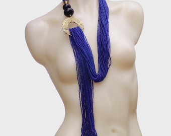 Multi-Strand Seed Bead Loop Swing Necklace | Ashanti Brass Ring Pendant | African Statement Jewellery | Gift for Her