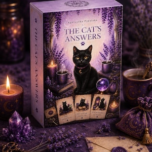May include: A rectangular box titled The Cat's Answers by Agnieszka Pikulska, featuring a black cat illustration, purple lavender, candles, and three tarot-style cards labeled Yes, Not Clear, and Not Possible, set against a deep purple background.