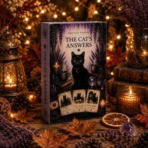 May include: A rectangular box for The Cat's Answers oracle deck featuring a black cat illustration, purple floral accents, and three cards labeled Yes, Not Clear, and Not Possible. The box displays the title and author Agnieszka Pikulska.