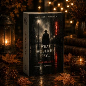 May include: A rectangular deck box for the Noir Oracle card set by Agnieszka Pikulska. The front features a dark, rainy street scene with a silhouetted figure in a trench coat and hat, a street lamp, and red neon text reading HOTEL and WHAT WOULD HE SAY.