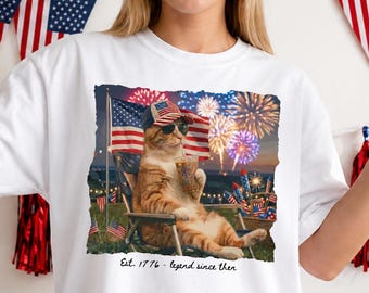 Camiseta Patriótica com Estampa de Gato nas Cores da Comfort, Camiseta Vintage com Estampa do 4 de Julho dos EUA