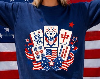 Camiseta Patriótica de Mahjong, Camiseta com a Bandeira dos EUA para o Jogo, Roupa Comfort Colors para o 4 de Julho
