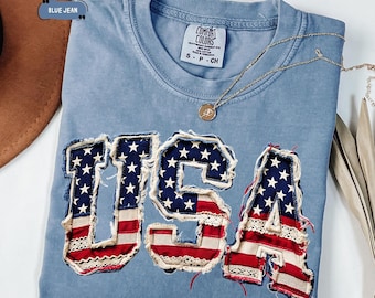 Camiseta com estampa patchwork falsa dos EUA, estilo vintage americano, comemorativa do 250º aniversário.