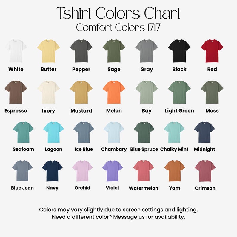 The image is a color chart displaying various t-shirt colors, including white, black, red, and others.