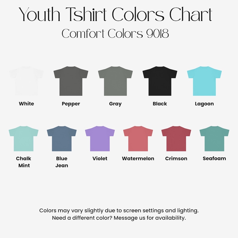 The image is a youth t-shirt colors chart that provides a visual guide for different color options available for a comfortable t-shirt.