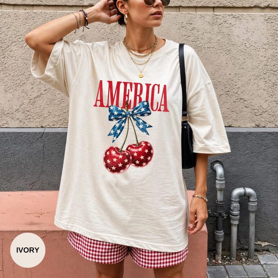 America Cherry Shirt, Patriotic Bow, Vintage USA Tee, 250th Celebration