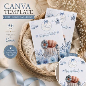 Edytowalny upominek na baby shower, niebieska kokarda, chłopięcy upominek Aqiqah, dua, arabska kaligrafia, karta powitalna, upominek na ladę Tasbih dla noworodka, DIY Canva