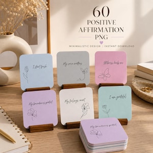 Ensemble minimaliste d'autocollants d'affirmation positive au format PNG | 60 Amour de soi Santé mentale | Cartes de motivation imprimables 6 couleurs | Téléchargement numérique