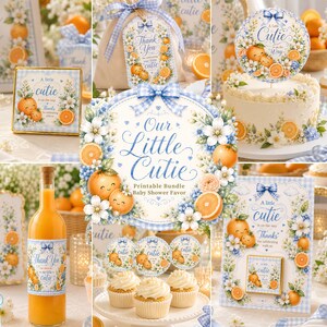 May include: A printable baby shower favour bundle featuring orange-themed graphics with white flowers and blue gingham bows. The designs include the text Our Little Cutie, A Little Cutie is on the Way, and Thank You for celebrating our little cutie.