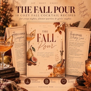 Op de afbeelding: Een digitale receptenkaartenset getiteld The Fall Pour met 10 gezellige herfstcocktailrecepten. Het ontwerp bevat warme beigetinten, illustraties van peren, vijgen, kaneelstokjes en herfstbladeren, met tekst over ingrediënten en instructies.