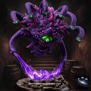May include: A detailed miniature fantasy creature, predominantly purple with pink and green highlights, featuring a large central eye and multiple smaller eyes. It has tentacles and is mounted on a base with purple crystal formations. The Etsy shop name is visible.