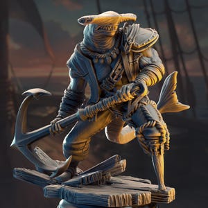Peut inclure: Figurine détaillée d'un personnage de pirate avec une queue de poisson, tenant une ancre. Le personnage est vêtu de vêtements déchirés et d'un couvre-chef. La figurine est sur une plateforme en bois, avec un navire en arrière-plan.