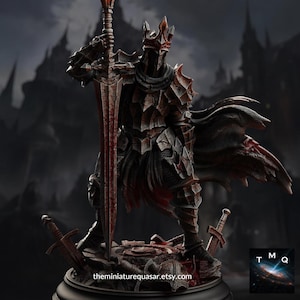 May include: A detailed figurine of a dark knight in ornate armor, holding a large sword. The knight wears a crown and cape, standing on a rocky base with fallen swords. The color palette is primarily dark red and black, with a fantasy theme.