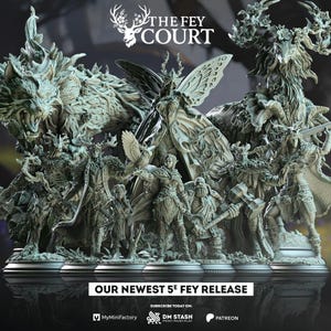 Puede incluir: Una colección de miniaturas de fantasía detalladas, que incluyen un lobo, un hada y varias figuras humanoides. Las figuras son en tonos de verde y gris, con diseños intrincados. El texto "THE FEY COURT" y "OUR NEWEST 5E FEY RELEASE" es visible.