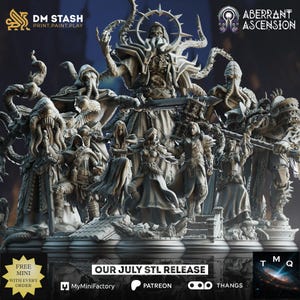 Puede incluir: Una obra de arte digital detallada que presenta una colección de figuras de fantasía, incluidos guerreros y criaturas míticas. Las figuras están dispuestas en una plataforma escalonada. La imagen incluye el texto "DM STASH PRINT.PAINT.PLAY" y "OUR JULY STL RELEASE".