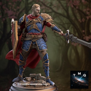 May include: A detailed figurine of a warrior in blue and gold armor, holding a sword and shield. The figure stands on a stone base, with a red cape and fur accents. The miniature is from theminiaturequasar.etsy.com.