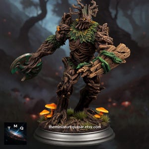 May include: A detailed miniature of a tree-like creature with a wooden shield and a circular weapon. The figure is brown with green accents, standing on a base with orange mushrooms and grass. The miniature is from theminiaturequasar.etsy.com.