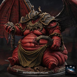 May include: A detailed miniature figure of a demonic creature, predominantly red with black wings and armor. The figure is seated, with a menacing expression and intricate detailing on the armor and chains. The base includes the text "theminiaturequasar.etsy.com".