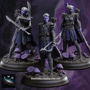 May include: Three fantasy figurines of elven warriors in dark blue and black armour, each posed with weapons like swords and bows. They stand on bases with purple mushrooms, set against a purple background. The Etsy shop name is visible.
