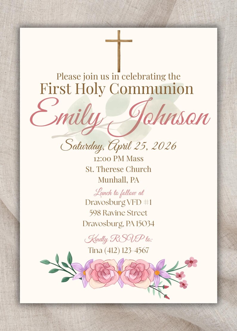 First Holy Communion Invitation Template Editable | Pink Floral Girl ...