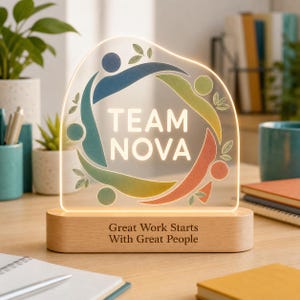 以下が含まれることがあります： 「TEAM NOVA」という文字と、様式化された人物や葉の円形グラフィックが描かれた、照明付きのアーチ型アクリル製デスクサイン。サインは「Great Work Starts With Great People.」と刻印された明るい木製の台座の上に設置されています。