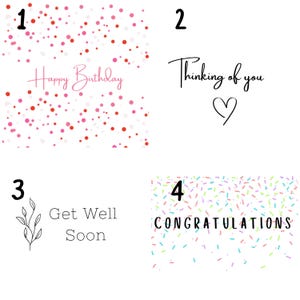 May include: Four white cards with different messages and confetti designs. The first card says "Happy Birthday" with pink and red confetti. The second card says "Thinking of you" with a heart. The third card says "Get Well Soon". The fourth card says "CONGRATULATIONS".