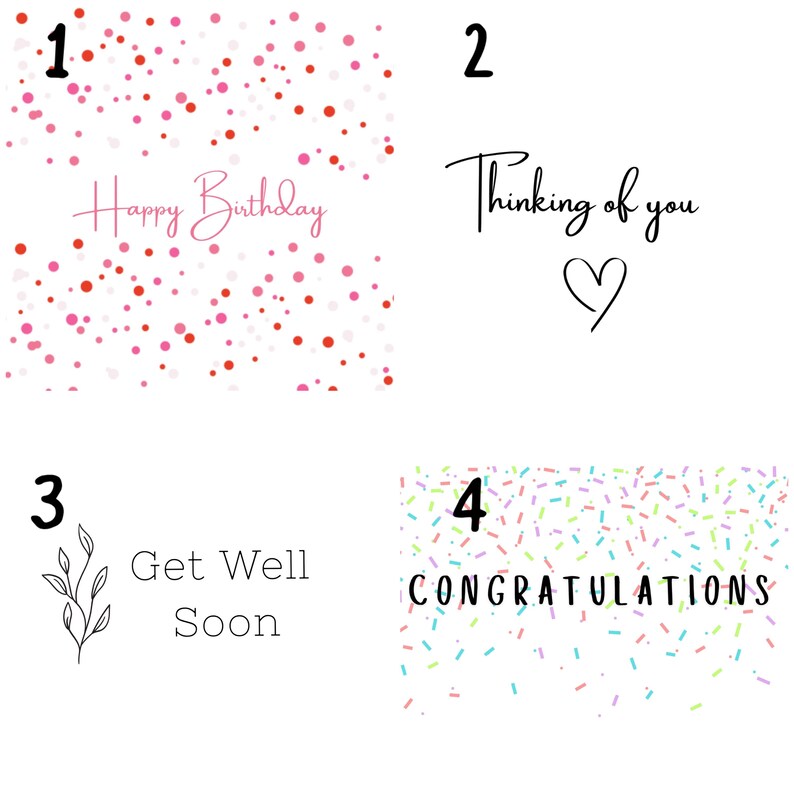 May include: Four white cards with different messages and confetti designs. The first card says "Happy Birthday" with pink and red confetti. The second card says "Thinking of you" with a heart. The third card says "Get Well Soon". The fourth card says "CONGRATULATIONS".