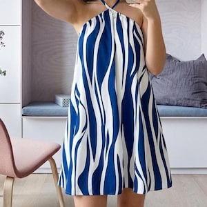 blue and white toile print dress Skyla 100% Cotton Toile Midi Dress with Tie in Blue X-Small