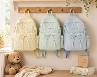 Sac à dos personnalisé en nylon léger avec nom brodé personnalisé, cartable pour fille, sac à dos avec nœud, cadeau de rentrée