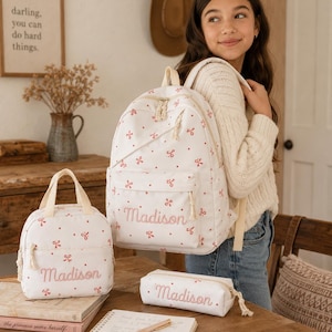 Personalized Kids Backpack Set with Custom Name, Embroidered School Bag, Mini Carry Bag & Pencil Case Set, Back to School Gift for Girls