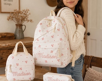 Conjunto de mochila infantil personalizada com nome, mochila escolar bordada, mini bolsa e estojo, presente de volta às aulas para meninas.