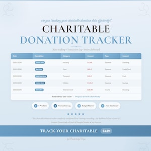 May include: A digital charitable donation tracker with a blue and white design. The tracker includes sections for date, description, category, amount, type, and account. The text reads "CHARITABLE DONATION TRACKER" and "TRACK YOUR CHARITABLE".