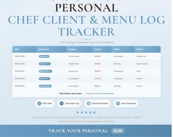 Personal Chef Client Log | Meal Prep Tracker Spreadsheet Google Sheets Excel Template