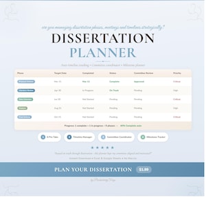 May include: A Dissertation Planner with a light blue and white design. The planner includes sections for tracking phases, target dates, and committee reviews. It features auto timeline tracking, a committee coordinator, and a milestone tracker.