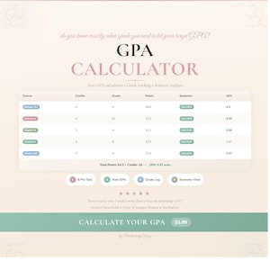May include: A GPA calculator with a soft pink and green color scheme. The calculator displays a table with course grades, credits, and GPA calculations. Text includes "GPA CALCULATOR" and "Calculate Your GPA".